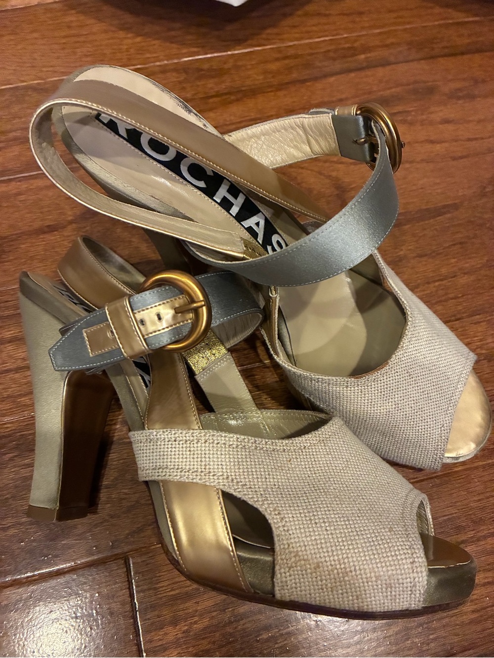 Rochas Gold and Beige Women's Open-Toe Heels with Ankle Strap. Size 40.